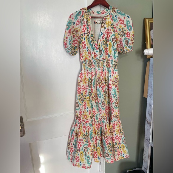 Anthropologie Maxi Dress Felipa Ikat Printed Multicolor Puff Sleeve! XS - Picture 2 of 10